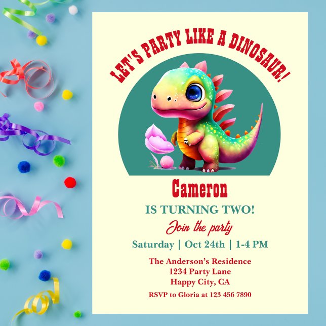 Cute Colourful Party Like a Dinosaur 2nd birthday Invitation (Creator Uploaded)