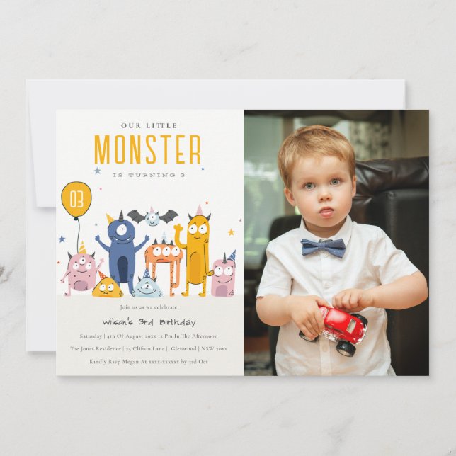 Cute Colourful Party Monsters Kids Birthday Photo Invitation (Front)