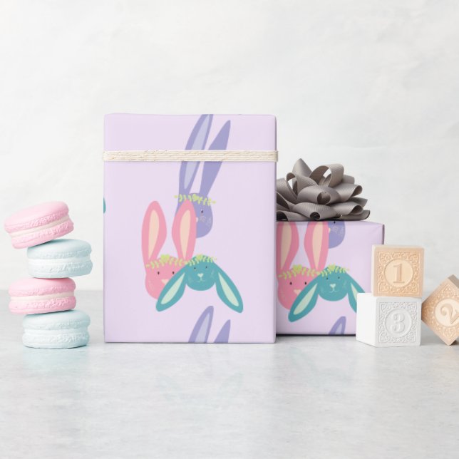 Cute Colourful Pastel Bunnies Pattern On Purple   Wrapping Paper (Baby Shower)