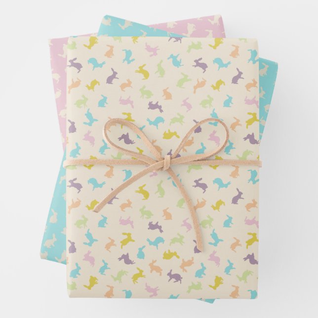 Cute Colourful Pastel Bunny Rabbit Pattern Wrapping Paper Sheet (In situ)