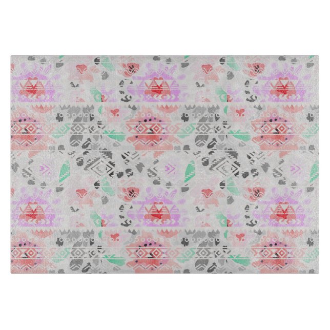 Cute colourful pastel floral aztec cutting board (Front)