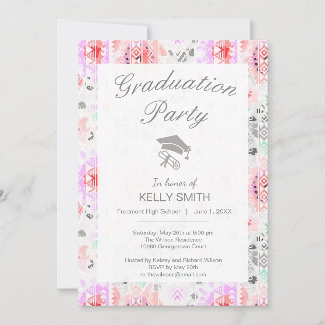 Cute colourful pastel floral aztec graduation part invitation (Front)