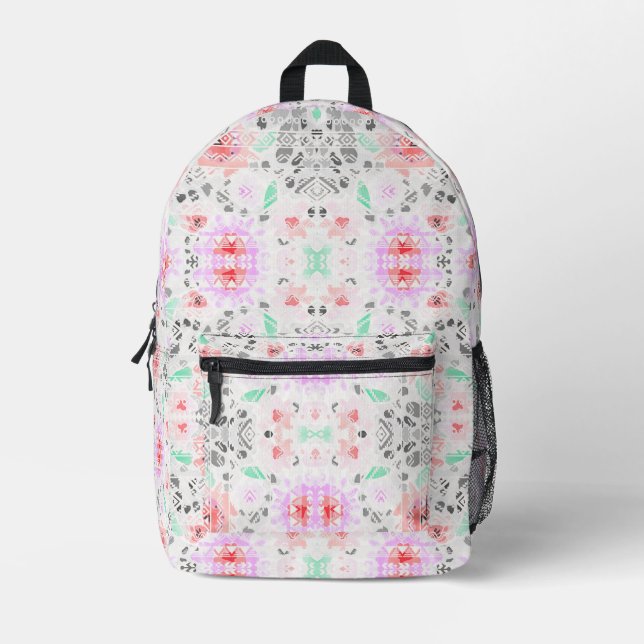 Cute colourful pastel floral aztec printed backpack (Front)