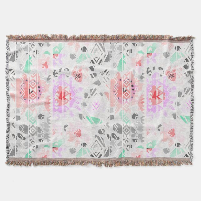 Cute colourful pastel floral aztec throw blanket (Front)