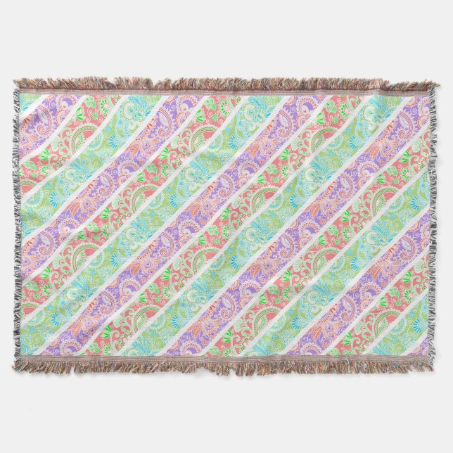 Cute colourful pastel flowers stripes throw blanket (Front)