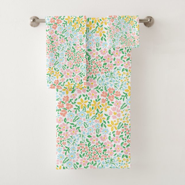 Cute Colourful Pastel Garden Flower Pattern Bath Towel Set (Insitu)
