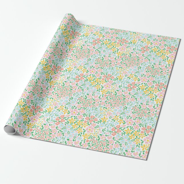 Cute Colourful Pastel Garden Flower Pattern Wrapping Paper (Unrolled)