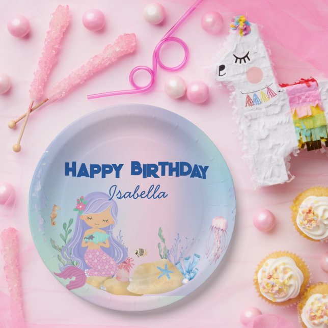 Cute colourful pastel mermaid Rainbow Birthday  Paper Plate (Party)
