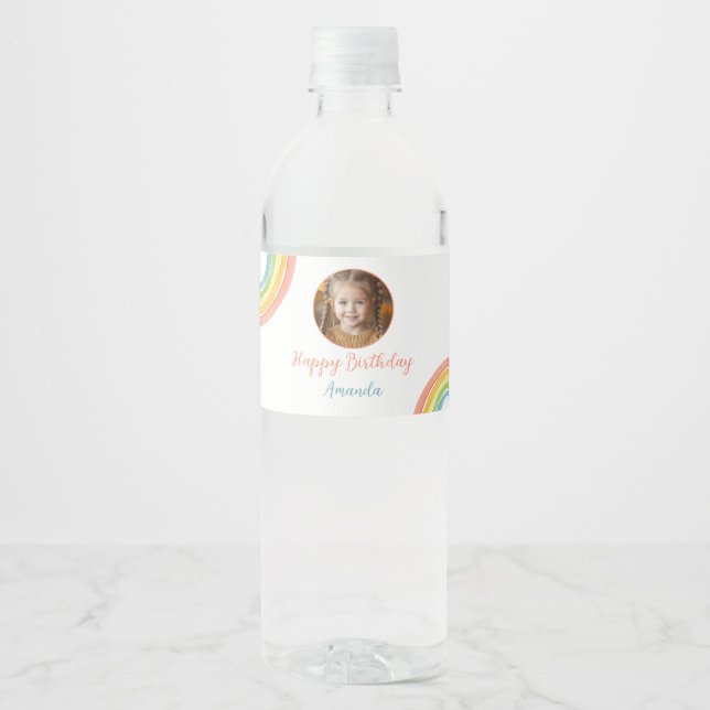 Cute Colourful Pastel Rainbow Girls Photo Birthday Water Bottle Label (Front)