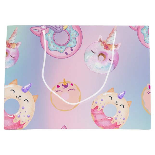 Cute colourful pastel Unicorns Rainbow Doughnuts Large Gift Bag (Front)