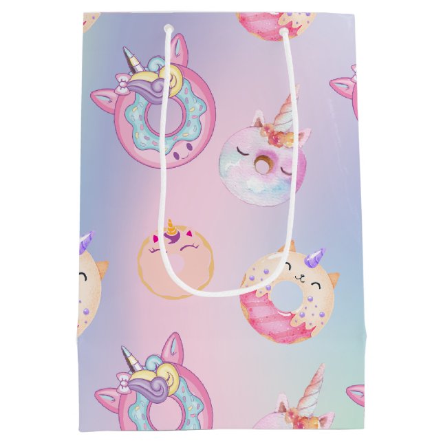 Cute colourful pastel Unicorns Rainbow Doughnuts Medium Gift Bag (Back)