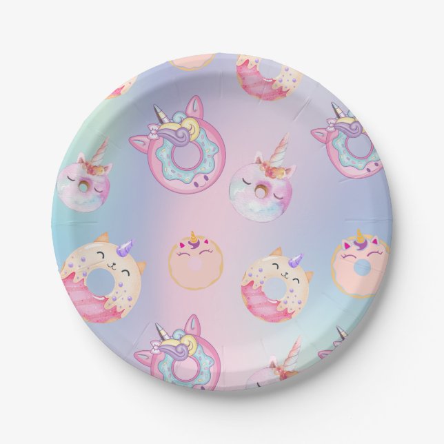 Cute colourful pastel Unicorns Rainbow Doughnuts Paper Plate (Front)