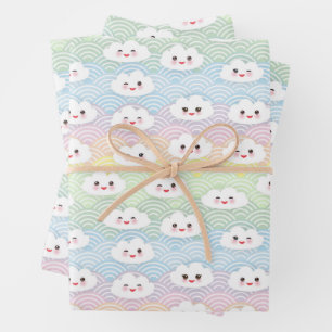 Cute Colourful Pastel Waves Kawaii Clouds Pattern Wrapping Paper Sheet