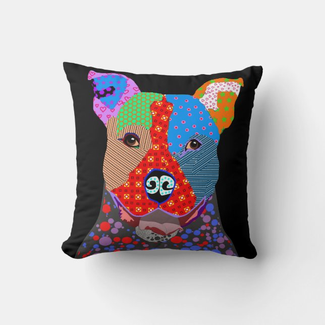 Cute Colourful Patchwork Pitbull Dog Cushion (Front)