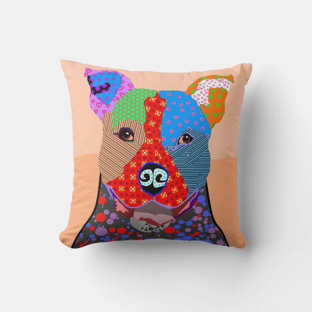 Cute Colourful Patchwork Pitbull Dog Cushion (Front)