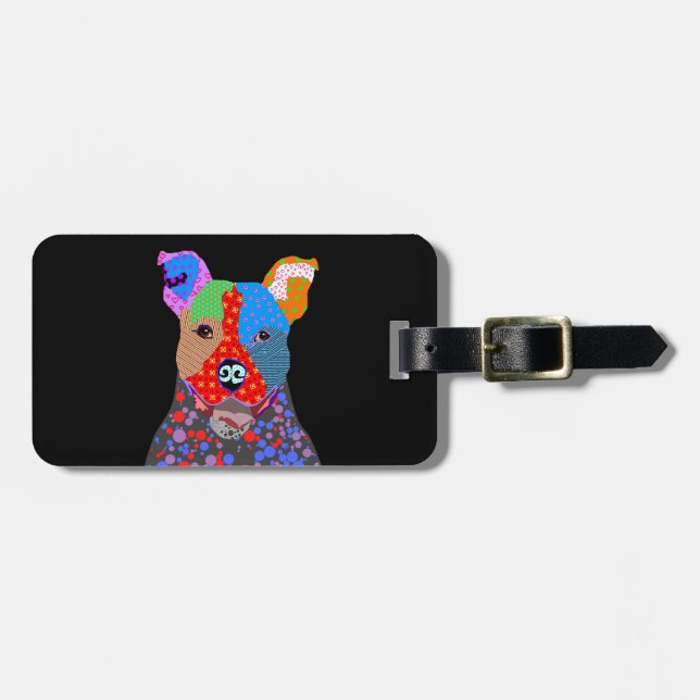 Cute Colourful Patchwork Pitbull Dog Luggage Tag (Front Horizontal)