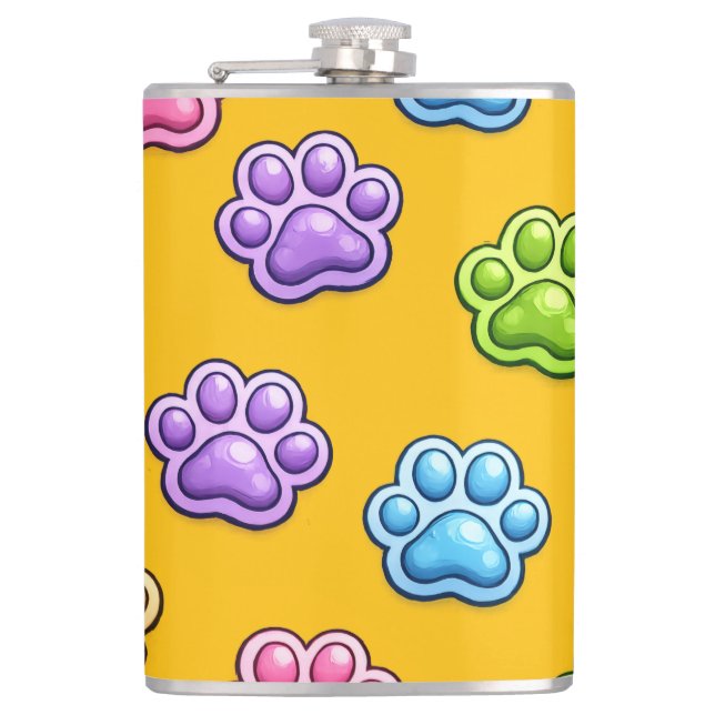 Cute Colourful Paw Print Pattern Cartoon Style Hip Flask (Front)
