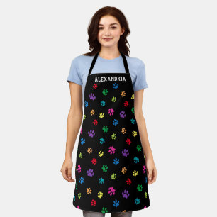 Cute Colourful Paw Prints Pattern Black Custom Apron