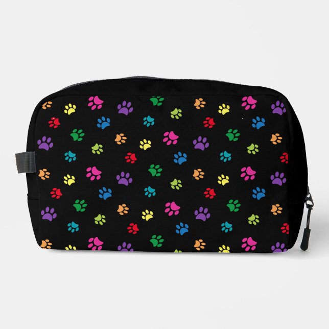 Cute Colourful Paw Prints Pattern Black Dopp Kit (Front)
