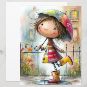 Cute Colourful Peculiar Rain Girl Scrapbook Paper