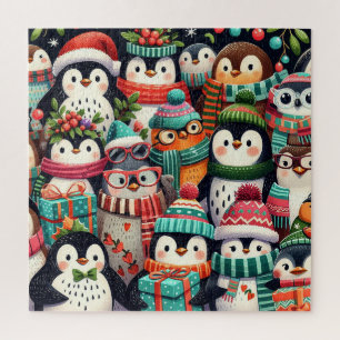 Cute colourful Penguins dressed for Winter Jigsaw Puzzle