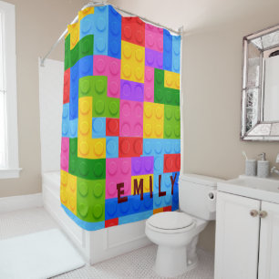 Cute Colourful Pink Blue Building Blocks Kids Shower Curtain