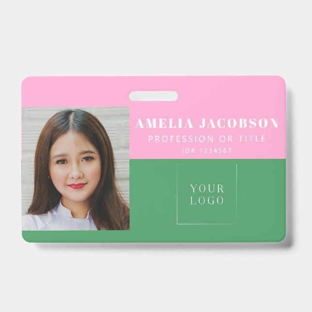 Cute Colourful Pink Green Employee Photo ID Logo Badge (Front)