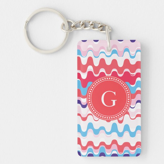 Cute colourful pink red abstract pattern monogram key ring (Front)