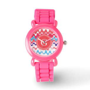 Cute colourful pink red abstract pattern monogram watch