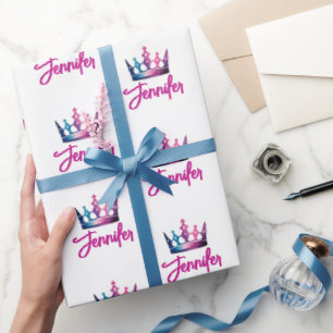 Cute Colourful Pink Royal Princess Crown And Name Wrapping Paper