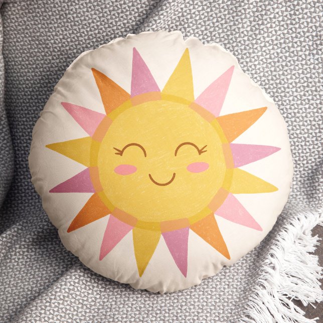 Cute Colourful Pink Sunshine Smiling Face Round Cushion (Creator Uploaded)