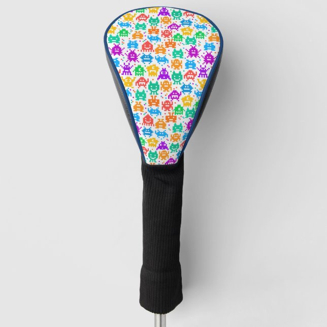 Cute colourful pixelated monsters patterns golf head cover (Front)