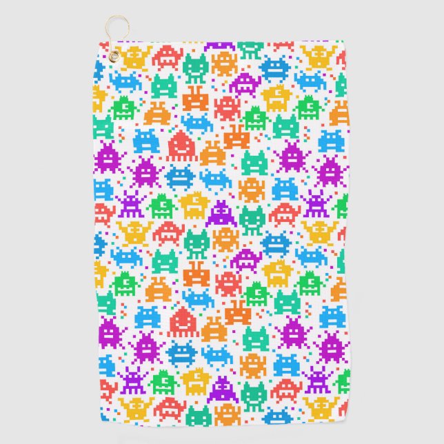 Cute colourful pixelated monsters patterns golf towel (Front)
