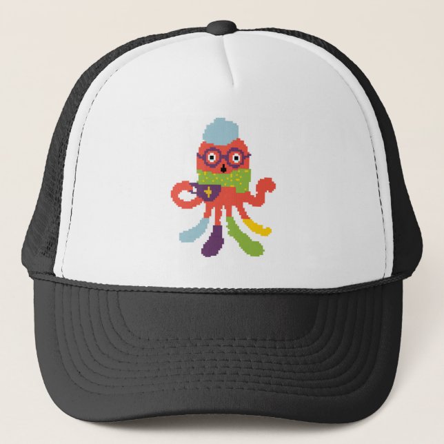 Cute colourful pixeled sick octapus trucker hat (Front)