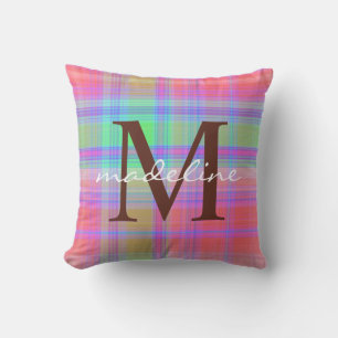 Cute Colourful Plaid Stripes Pattern Monogram Cushion