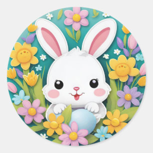 Cute Colourful Playful Easter Bunny Flowers Sticke Classic Round Sticker