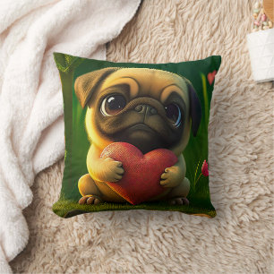 Cute Colourful Pug Dog Puppy Holding a Heart Cushion