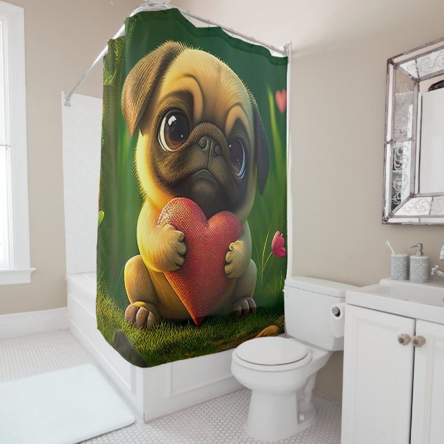 Cute Colourful Pug Dog Puppy Holding a Heart | Shower Curtain (In Situ)