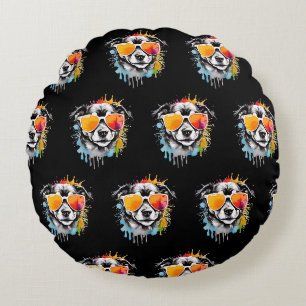 Cute colourful Puppy with sunglasses splash Round Cushion