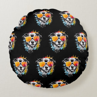 Cute colourful Puppy with sunglasses splash Round Cushion