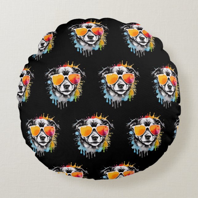 Cute colourful Puppy with sunglasses splash  Round Cushion (Front)