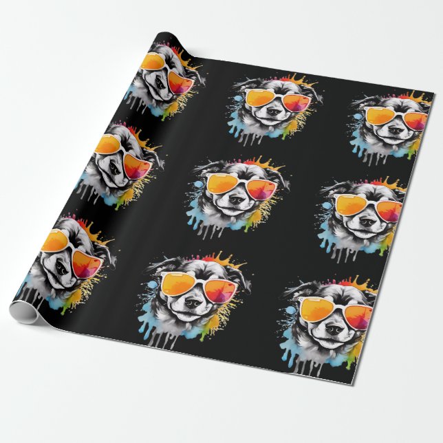 Cute colourful Puppy with sunglasses splash  Wrapping Paper (Unrolled)
