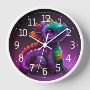 Cute Colourful Purple Dragon Lizard Artwork   Clock