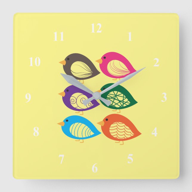 Cute colourful quirky birds square wall clock (Front)