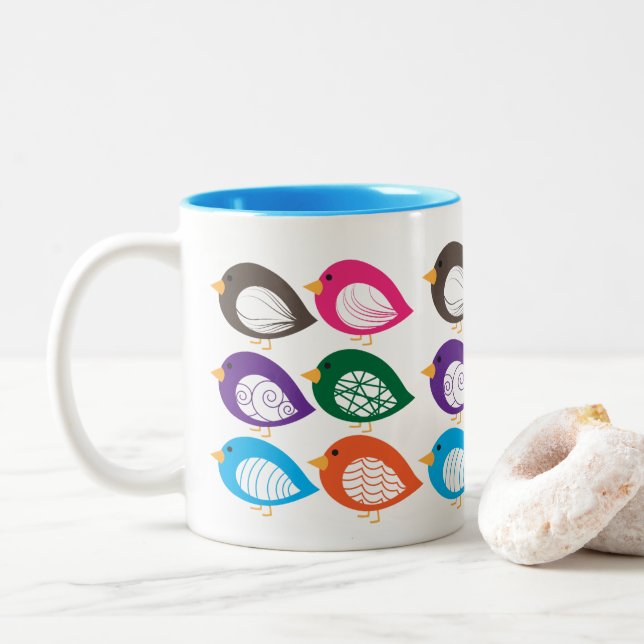Cute colourful quirky birds Two-Tone coffee mug (With Donut)
