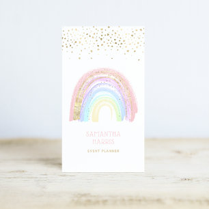Cute Colourful Rainbow & Gold Heart Confetti Business Card