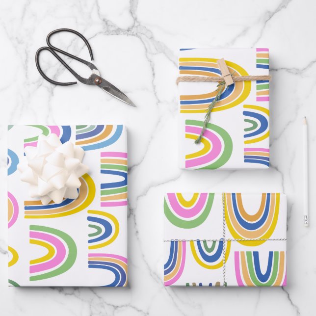 Cute Colourful Rainbow Pattern in Pink and Yellow Wrapping Paper Sheet (Front)