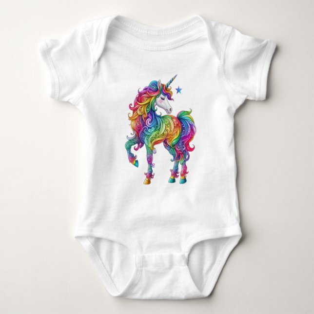 Cute, Colourful Rainbow unicorn Baby Bodysuit (Front)