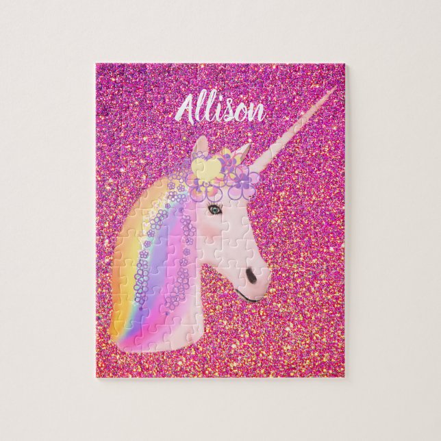 Cute Colourful Rainbow Unicorn Pink Glitter Name Jigsaw Puzzle (Vertical)