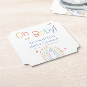 Cute Colourful Rainbow with Hearts Baby Shower Paper Coaster
